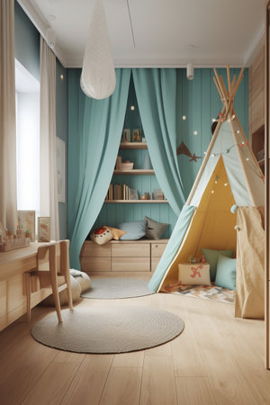 Cozy interior of children room with a hut in modern house.の素材