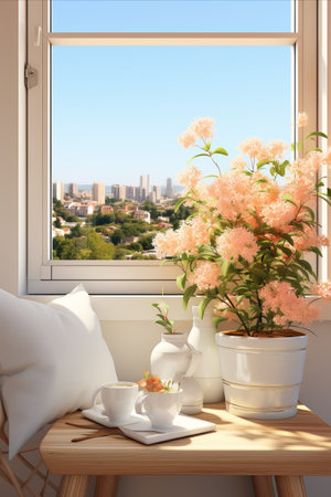 Window with flowers in the vase on the windowsill, summer landscape view from the window.の素材