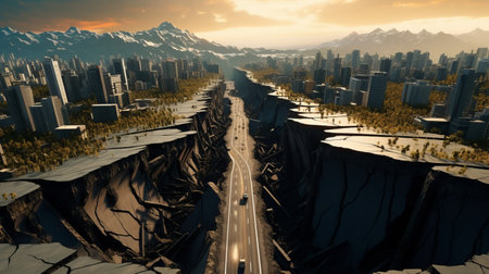 Cityscape with the huge groung crack. Consequences of tectonic plate shift in the city.の素材