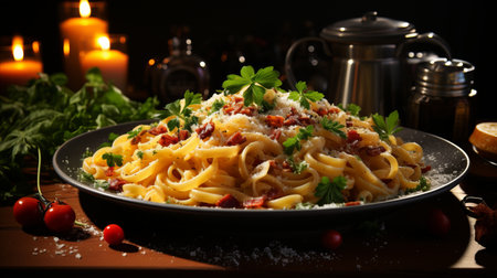 Tasty pasta Carbonara on the plate closeupの素材