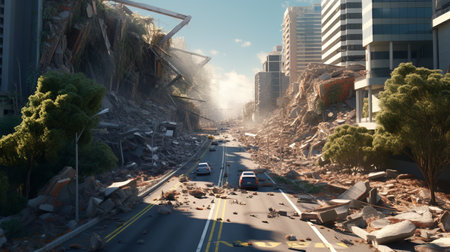 Consequences of an earthquake in the city with ruined buildings.の素材