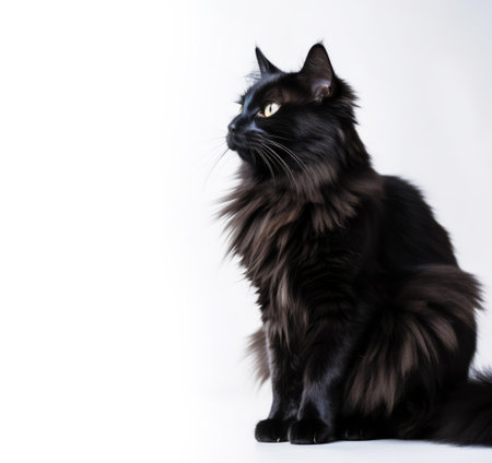 Portrait of black fluffy cat looking up on white background with copy spaceの素材