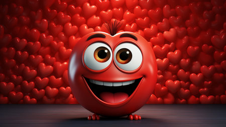 Cute red smiling 3d character in cartoon style with many small red hearts on background. Valentine's day backgroundの素材