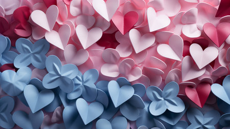 Abstract background with paper cut origami style pink and blue hearts.の素材