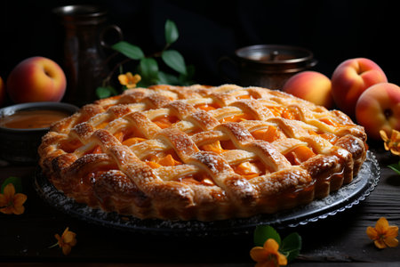 Homemade pastry, delicious peaches pie with golden crunchy doughの素材