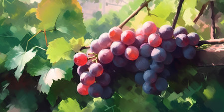 Bunch of ripe grapes in the summer garden, watercolor painting.の素材