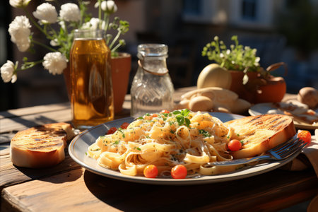 Tasty pasta with tomatoes served on the table outdoors in summer day.の素材