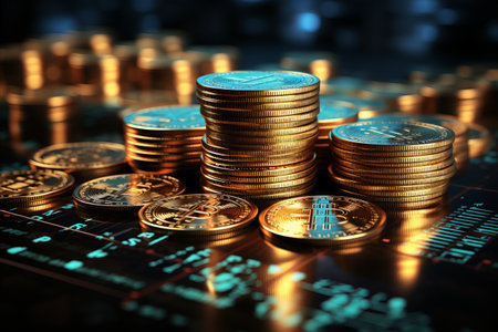Stacks of coins closeup on background of financial data growth graphs.の素材