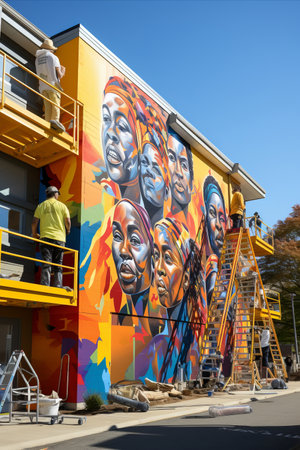 Artists creating a mural that represents unity and diversity within a community, showcasing the power of art in conveying inclusive messages.の素材