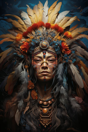 Portrait of beautiful shamanic young woman with feather headwear.の素材