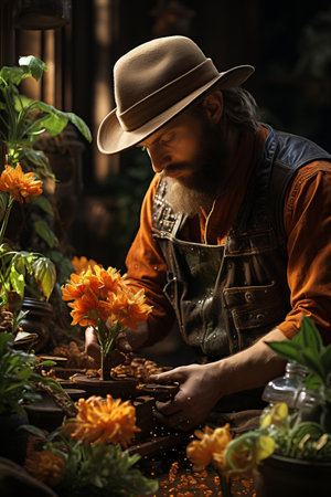 Springtime Gardening: Man planting and tending to gardens.の素材