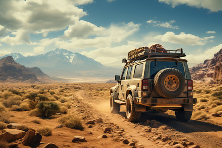 Travelers exploring vast desert landscapes by car during desert expedition.の素材