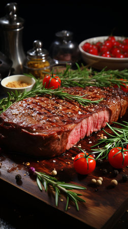 Grilled beef steak with vegetables on wooden cuttting board. Dark background.の素材