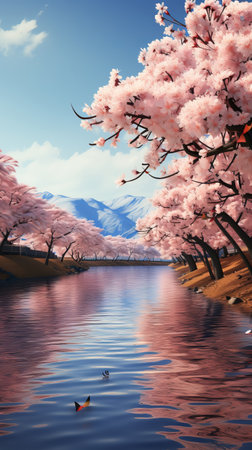 Spring landscape with blooming sakura: flowering cherry trees above the river.の素材