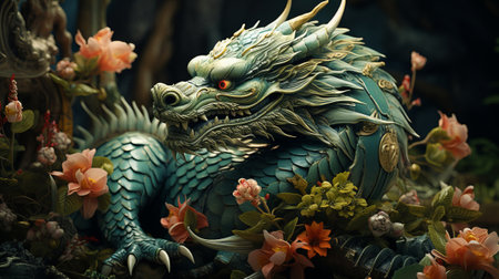 Green dragon, symbol of Chinese New Year 2024, on natural backgroundの素材