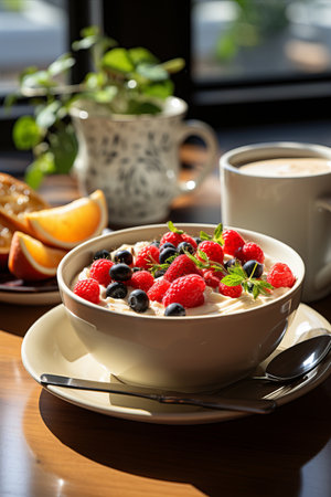 Traditional breakfast - oatmeal porridge with berries in ceramic bowl.の素材