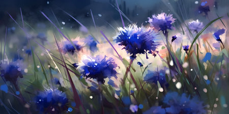 Flowering blue cornflowers on summer meadow, watercolor painting.の素材