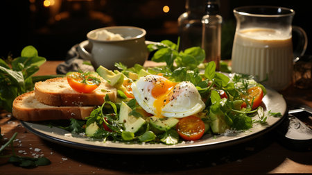 Traditional breakfast with poached egg, toast and salad on the plate.の素材