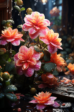 Rainy Floral Garden: A garden in bloom during April showers, with raindrops on flowers and foliage.の素材