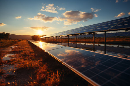 Solar panels glistening in the sunlight, illustrating the harnessing of solar energy for sustainable power generation.の素材