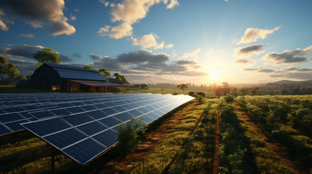 Solar Farming: Agricultural fields with solar panels installed, demonstrating the concept of solar farming.の素材