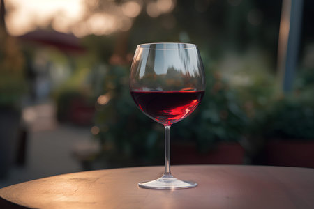 Glass of red wine on the table outdoors on blurred natural backgroundの素材