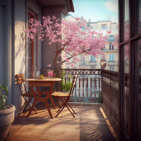 Small cozy city terrace with table and chairs in springの素材