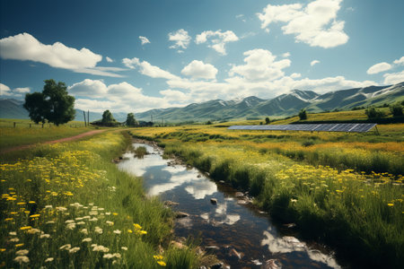 Solar Panels in the Sun: A field of solar panels glistening in the sunlight, illustrating the harnessing of solar energy for sustainable power generation.の素材