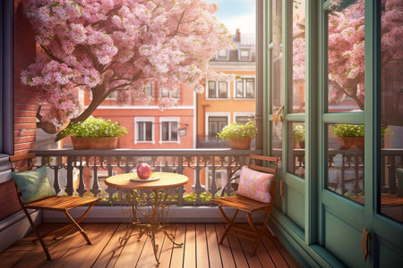 Cozy city terrace with wooden table and chairs, flowering tree in spring outsideの素材