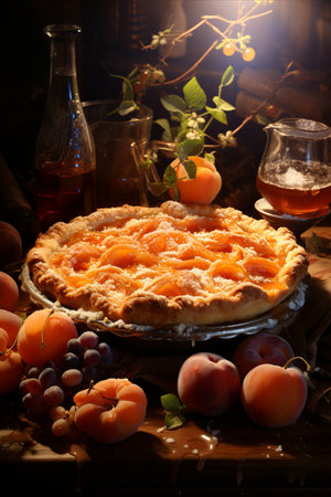 Homemade pastry, tasty apricot pie with golden crunchy doughの素材