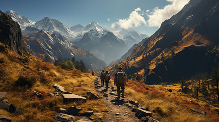 Backpacking Wilderness Expedition: Backpackers trekking through a remote wilderness, showcasing the thrill and challenge of adventure travel in untouched natural landscapes.の素材