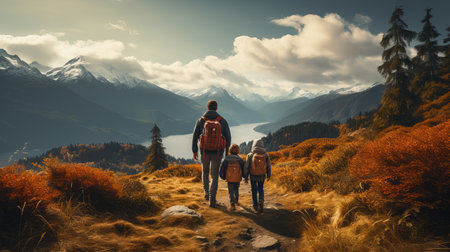 Outdoor Adventure Exploration: A family exploring nature together, showcasing the shared experiences and bonding moments in outdoor activities.の素材