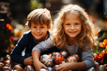 Group Egg Hunt Fun: A group of children collaborating and sharing the joy of the egg hunt, illustrating the sense of camaraderie and teamwork during the festive activity.の素材