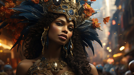 Beautiful Brazilian woman wearing colorful Carnival costume during Carnaval street parade in city.の素材