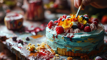 Cake Decorating Process: confectioner adding details to cake decorated with fresh berries, cream and flowers. Closeup.の素材
