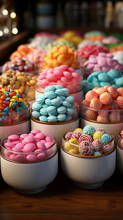 Sweet Paradise: Candy buffet display with colorful candies and sweets in confectionery.の素材