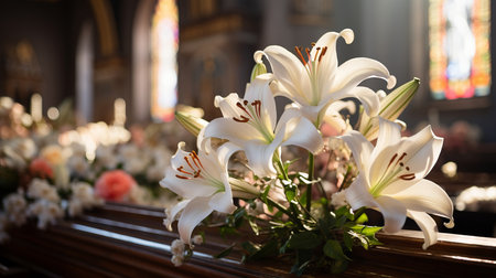 Easter Lily at a Church Altar: An elegant composition of Easter lilies arranged at a church altar, symbolizing purity, renewal, and the resurrection.の素材