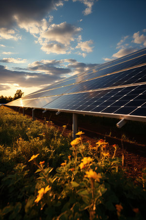 Solar Panels in the Sun: A field of solar panels glistening in the sunlight, illustrating the harnessing of solar energy for sustainable power generation.の素材