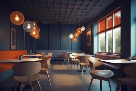 Cafe interior with many bright chandeliers. Comfortable modern dining placeの素材