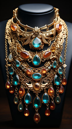 Closeup of layered golden necklace with colorful gemstones.の素材