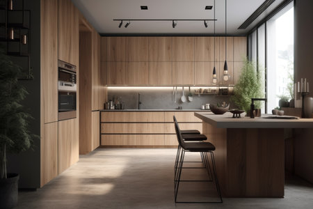 Cozy minimalist kitchen interior with wooden furniture in modern house.の素材