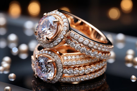 Elegant Diamond Ring in jewelry shop: Closeup of exquisite engagement ring.の素材