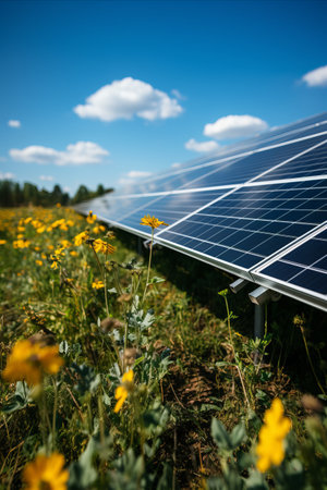 Solar Panels in the Sun: A field of solar panels glistening in the sunlight, illustrating the harnessing of solar energy for sustainable power generation.の素材