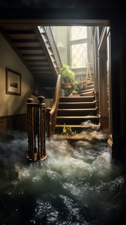 Flooded private house Interior. Climate change and natural disasters concept.の素材