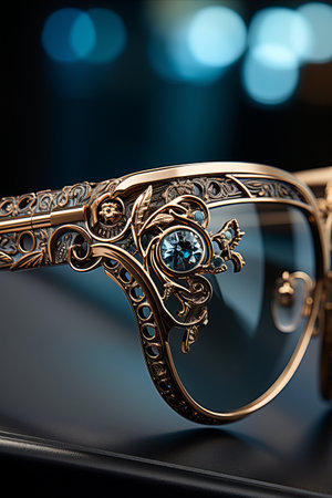 A closeup shot of a trendy eyeglass frame highlighting the intricate details and design elements, emphasizing the craftsmanship and style.の素材