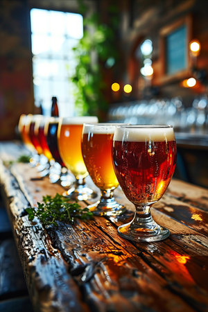 Variety of beer in glasses on the wooden counter in old pub. Beer tasting.の素材