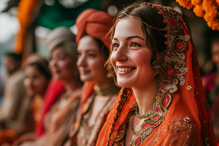 Portrait of Indian bride dressed in traditional red bridal lehenga. Guests on background.の素材