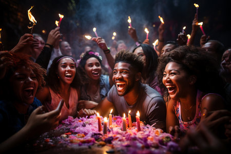 An African man blowing candles to make a wish among the group of friends at the Birthday celebration party.の素材