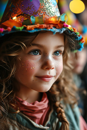Girl Wearing Fun Headgear: Candid shot of girl wearing playful and whimsical party hat.の素材