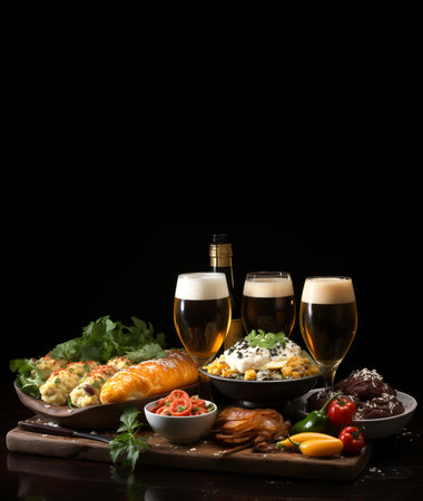Beer and Food Pairing: Food usually eaten with beer. Glasses of beer on a table in a pub surrounded by a variety of pairing snacks. Black background with copy space.の素材